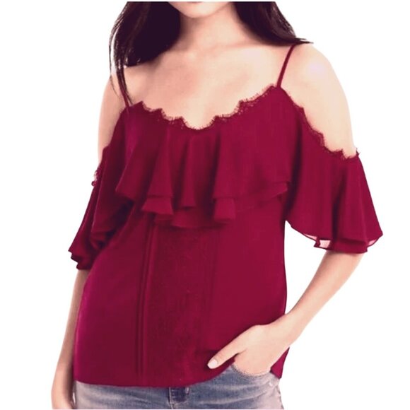 Size Small White House Black Market Dark Red Cold-Shoulder Lace Trim Top‎ Blouse - Picture 1 of 8
